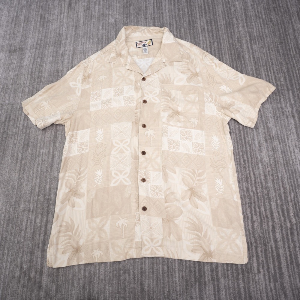 Caribbean Joe Button Up Mens L Tan Excellent Silk Blend Tropical Camp Shirt